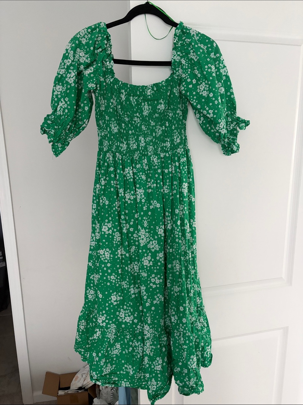 Maternity Green Floral Midi Dress with Smocked Bodice